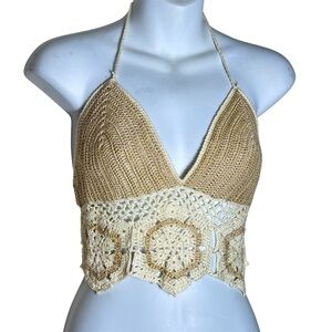 Crochet Halter Top in Beige and Cream
